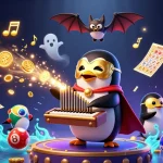 Experience the excitement of s666 with the phantom penguin playing a golden pipe organ surrounded by vibrant casino elements.