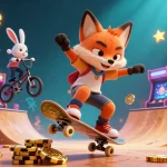 Socolive showcases a vibrant 3D illustration of a fox skateboarder performing tricks over golden poker chips amidst lively arcade elements.
