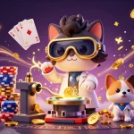 Spin the reels at j188 with a mad scientist cat and dog in a vibrant casino scene.